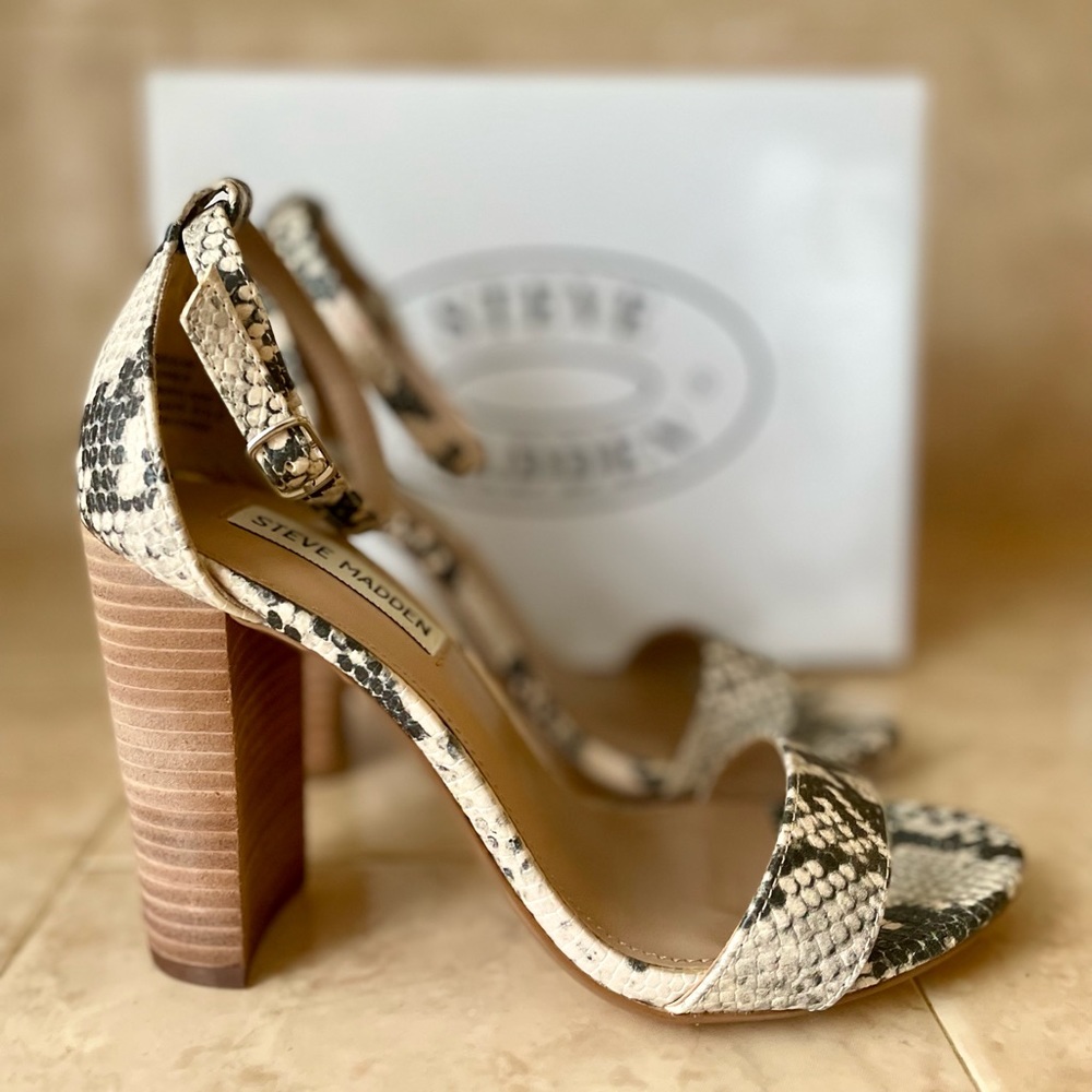 Neutral snakeskin print, ankle strap heels